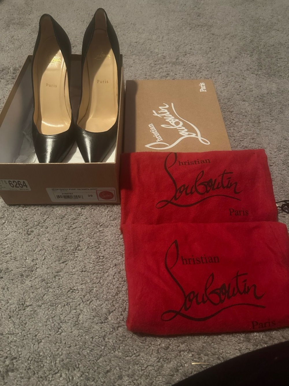 Christian Louboutin Black Leather Pointed-Toe Pumps with Red Dust Bags